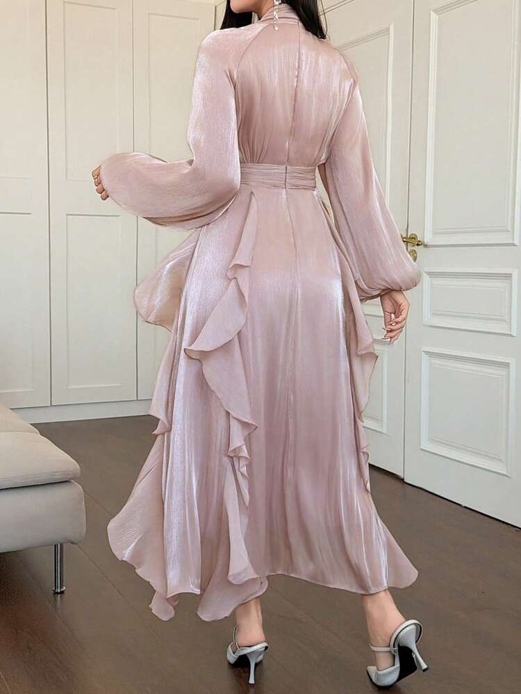 Spring & Summer Pink Elegant Party Tie-Up Ruffle Romantic Waist-Cinched Midi Dress For Women