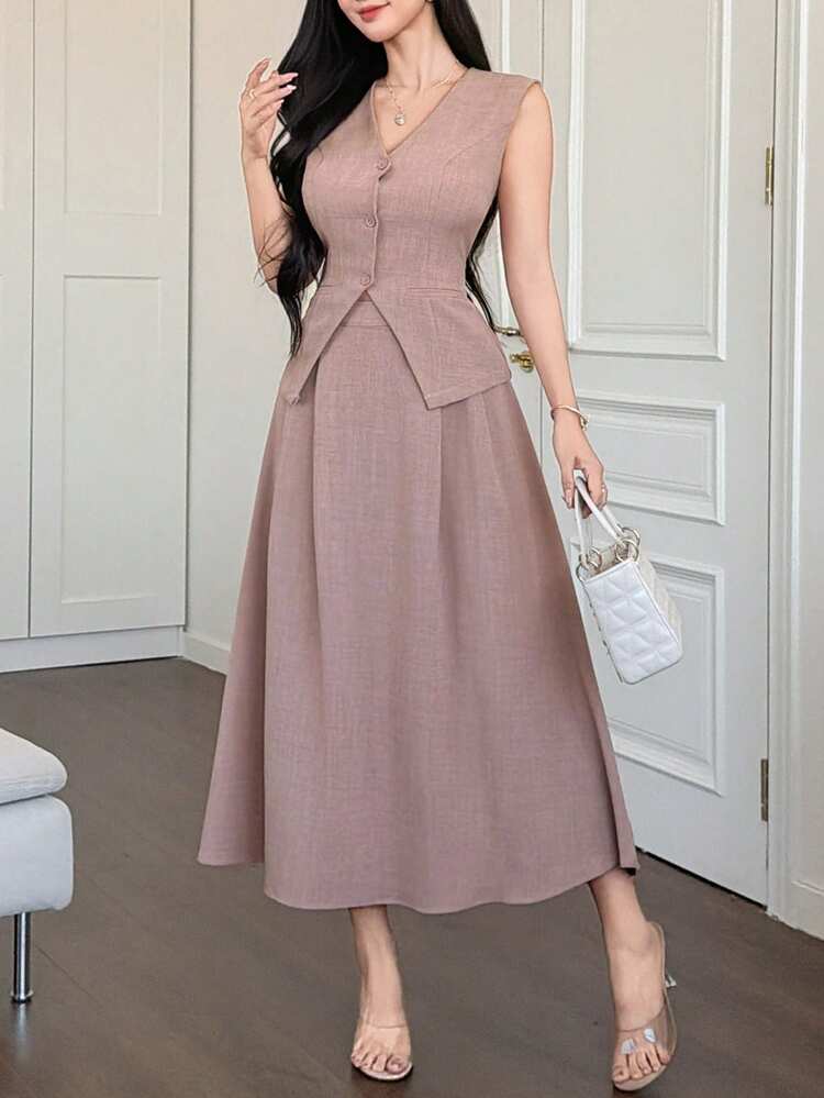 Women's Casual V-Neck Vest & Skirt 2 Pieces Set, Summer