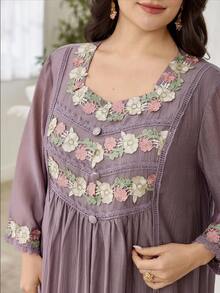 Al Najma Casual Solid Color Embroidered Ruffle Trim Loose Fit Scoop Neck Long Sleeve Plus Size Women Arabic Maxi Dress, Spring/Summer - Dusty Pink - View 5