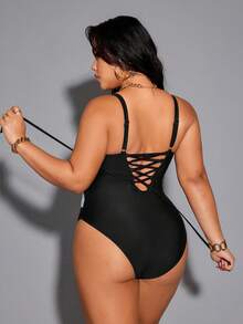 Plus Size Women Patchwork One-Piece Swimsuit, Casual Beach & Pool Wear - Black and White - View 7