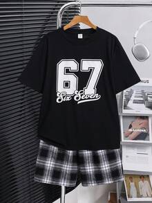 SHEIN 2pcs Baju Santai Kasual Lengan Pendek Katun Motif Kotak-kotak Huruf & Angka untuk Remaja Laki-laki, Cocok untuk Musim Semi & Musim Panas - MultiWarna - View 5