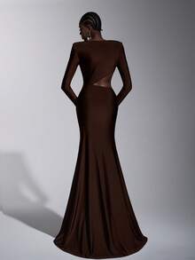 Elitara Đầm dạ hội màu nâu sô cô la thanh lịch, tay dài, chất liệu vải dệt kim, khóa kim loại rỗng ở eo, xếp ly, dáng đuôi cá, thích hợp cho các buổi lễ thời trang, dạ hội, sự kiện kinh doanh, tiệc khiêu vũ, tiệc trà và các dịp trang trọng khác dành cho phái nữ. - Màu nâu  Mocha - Xem 2