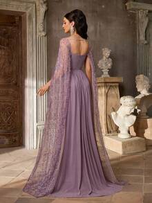 Aureia Elegant Luxury Beaded Embroidered Cold Shoulder Strapless Mermaid Hem Maxi Dress With Luxurious Flowing Collar, Suitable For Festivals, Weddings, Galas, Concerts, Business Events, And Social Media Influencer Occasions - Mauve Purple - View 2