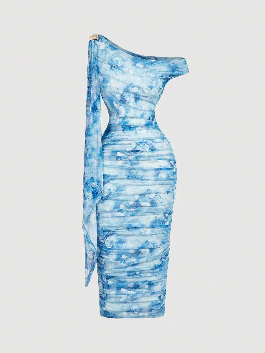 SHEIN MOD 女士优雅印花不对称领口修身中长连衣裙,夏季 - 藍色 - 查看 1