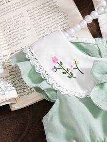 1件女婴夏季新款彼得潘领荷叶边喇叭袖蝴蝶结腰身松紧后襟A字前片刺绣绿色可爱田园风百搭公主裙 - 綠色 - 查看 6