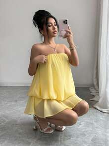 Zolique 奶油黄色无肩带迷你雪纺连衣裙，浅黄色夏日连衣裙，女士约会装，女士夏日连衣裙，蜜月装，婚礼宾客礼服，海岛度假连衣裙，女士吊带裙，优雅派对礼服，女士生日装，女士沙滩装 - 黃色 - 查看 5