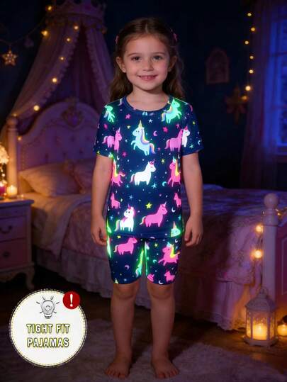 2件套女童短袖短裤贴身睡衣套装，彩色卡通夜光独角兽图案（需紫外线照射才能发光）