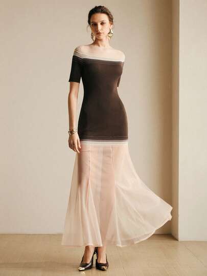 Arave Contrast Color Sheer Short Sleeve Raglan Fitted Casual Sweater Dress