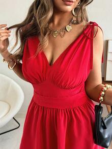 Vionelle Plus Size Women's V-Neck Pleated Cinched Waist Sleeveless Elegant Satin Red Dress,Summer Party Maxi Dresses Formal Wear - Red - View 4