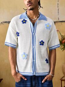 ROMWE MEN Men's Casual Floral Knit Cardigan, Summer - Blue - View 1