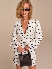 Women's Elegant Deep V-Neck Cinched Waist Mini Polka Dot Dress, Chic And Versatile For Commute, Office, Dates, Weddings, Spring, Wrap Dresses For Women, Women's Wrap Dress, Polka Dot Wrap Dress, Long Sleeve Wrap Dress - Black and White - View 1