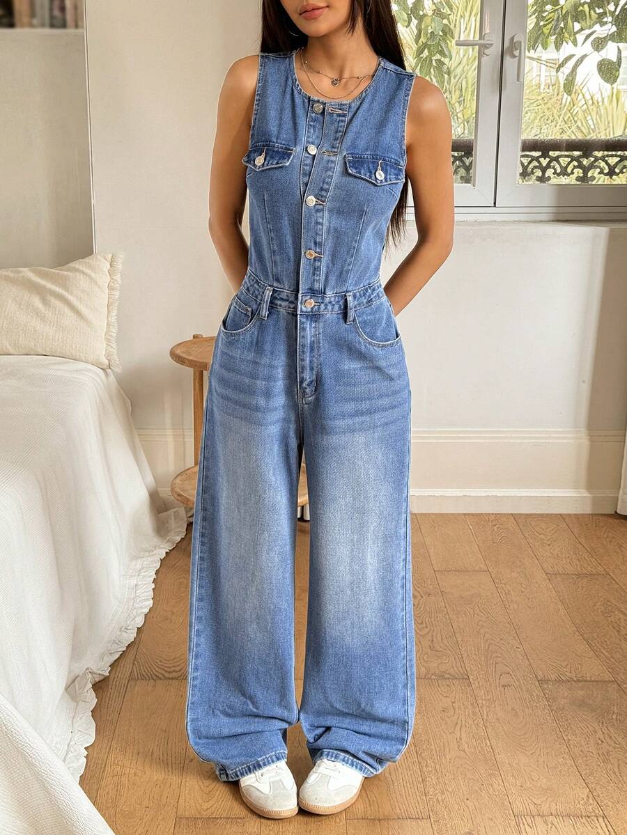 Rivivi Women's Round Neck Sleeveless Front Button Casual Fashionable Versatile Denim Jumpsuit, Summer - Blue - View 1
