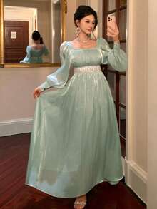 DAZY Women's Square Neck Mesh Waist Cinching Long Dress - Multicolor - View 2