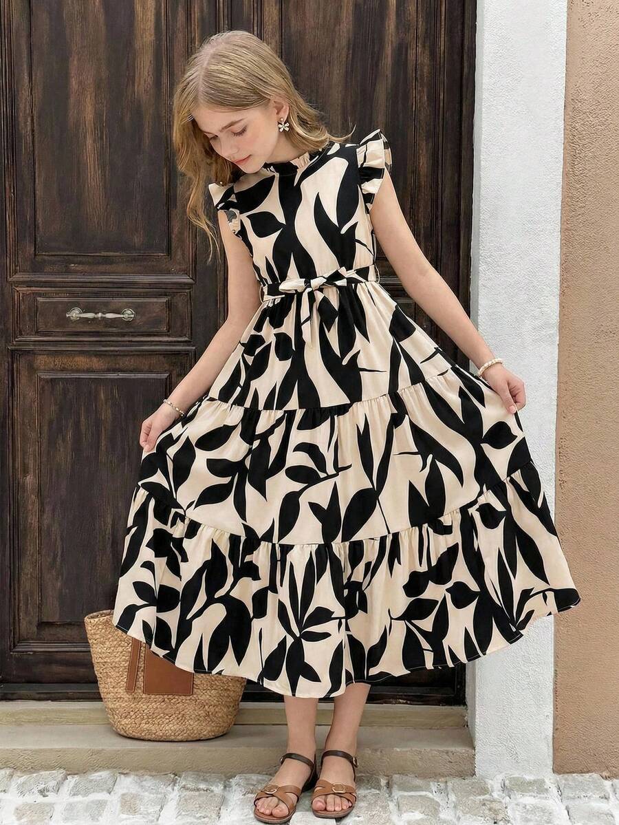 SHEIN 时尚优雅撞色蝴蝶结短袖连衣裙,适合少女穿着。 - 彩色 - 查看 1