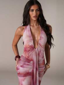 SHEIN BAE 女士扎染印花深V领飘逸吊带性感连衣裙 - 藍色 - 查看 5