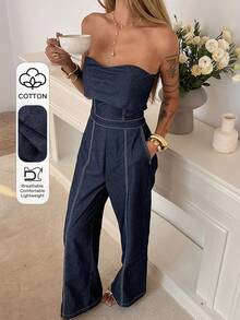 Livesso Women's Denim Jumpsuit With Bandeau Neckline And Waist Cinching Detail - Blue - View 1