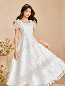 Teen Girl Floral Embroidery Pattern Fashionable Chic Party Vacation Dress - White - View 5