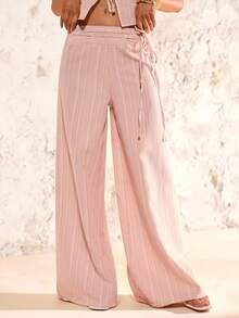 SHEIN Glamour Pantaloni casual a vita bassa a zampa d'elefante con motivo a righe rosa e decorazione con monete vintage per donna - Multicolore - Visualizzare 5
