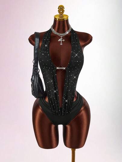 Amplova Women's Shiny Halter Neck Bodysuit, Backless With Rhinestone Decor, Sexy & Avant-Garde, Suitable For Party & Date