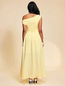 Travachic 女士纯色褶皱不对称腰身优雅长款派对连衣裙，适合夏季度假、夏季连衣裙、夏季服装、女士夏季连衣裙、女士沙滩装、黄色连衣裙、女士优雅连衣裙、优雅长款连衣裙 - 黃色 - 查看 2