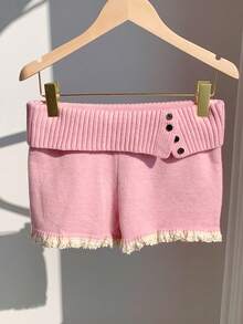 Comfortcana Quần short len lửng màu hồng phối ren, vạt bất đối xứng, có thể gập lại, thích hợp cho nữ mùa xuân, lựa chọn thanh lịch cho Giáng sinh, Năm mới, Ngày Valentine. - Hồng - Xem 3