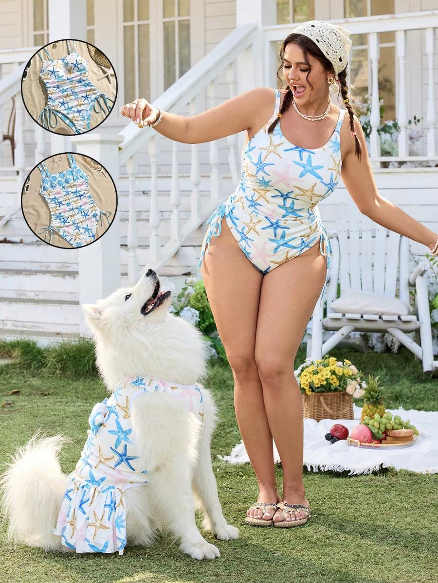 Swim Mod Áo tắm liền thân cỡ lớn với họa tiết sao biển và vỏ sò chủ đề đại dương, dây rút điều chỉnh ở hai bên và dây đeo vai, thích hợp cho bãi biển, hồ bơi và khu nghỉ dưỡng. - Nhiều màu - Xem 1