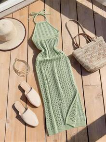 Franclia 新款夏季欧美性感薄荷绿镂空针织长裙，修身开衩设计，3D立体钩编纹理，法式优雅成熟风情，适合海滩、度假、约会、晚宴等场合，是提升整体氛围的时尚单品。 - 綠色 - 查看 2