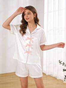 Teen GirlWhite Faux Silk & Ribbed Fabric Contrast Trim Shirt & Shorts Pajama Set - White - View 6