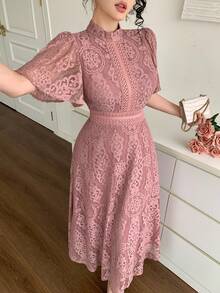 DAZY 女士优雅蕾丝立领荷叶袖长连衣裙，夏季婚礼宾客礼服 - 粉色 - 查看 12