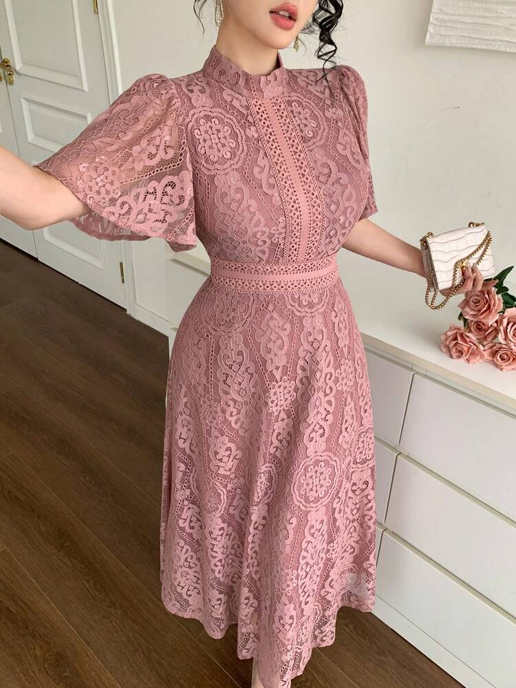 Women's Elegant Lace Stand Collar Ruffle Sleeve Long Dress, Summer Wedding Guest Dress Sundress