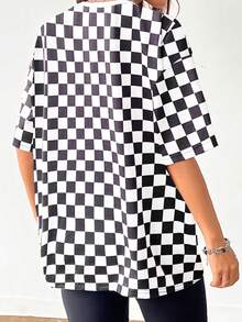 SHEIN EZwear Casual Minimalist Black & White Plaid Allover Print Round Neck Loose Fit Short Sleeve T-Shirt For Women, Summer - White - View 2