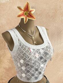 Elamini Women's White Knit Vest, Fashionable Sexy Sheer Sparkling Sequin Summer - White - View 3