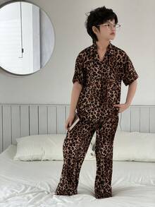 DAZY Tween Boy Leopard Print Single-Breasted Short Sleeve Top And Wide Leg Pants Casual Loungewear Pajama Set - Brown - View 5