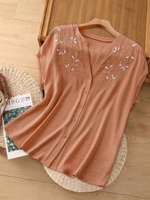 EMERY ROSE Plus Size Women's Boho Orange Printed Button Short Sleeve Shirt,Summer Vacation Holiday Bohemian Style Tops,Spring Country Style - Multicolor - View 6