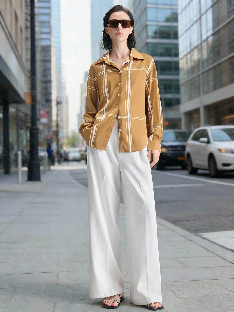 Ontre 2026SS New Striped Print Long Sleeve Fashionable Versatile Women Shirt, Spring/Summer - Brown - View 1