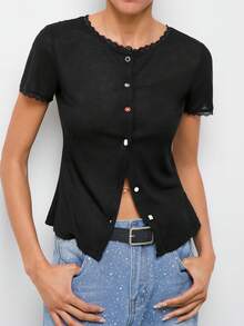 Maija Áo thun ngắn tay màu đen ôm sát, thanh lịch và cá tính dành cho nữ, kiểu dáng croptop cài nút, thích hợp mặc đi làm, mùa xuân hè. - màu đen - Xem 6