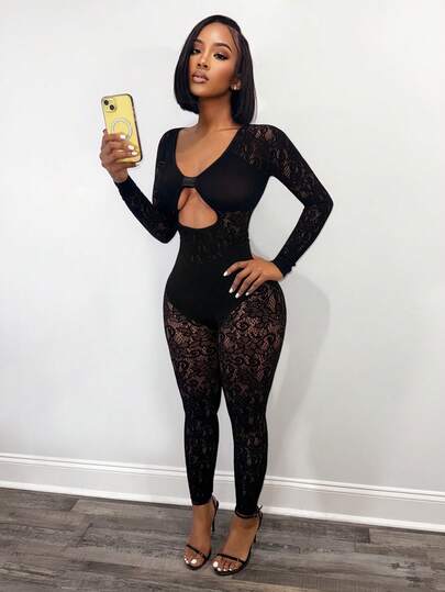 BamGleam Women's Sexy Asymmetric Hollow-Out Sheer Mesh Jumpsuit