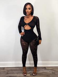 SHEIN BamGlam 女士性感不对称镂空透视网纱连体裤 - 黑色 - 查看 6