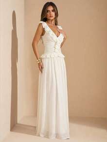 SHEIN BAE Đầm maxi ôm sát màu mơ bằng vải chiffon, cổ chữ V sâu, viền bèo nhún, gợi cảm, thích hợp cho tiệc cocktail, hẹn hò lãng mạn, họp mặt, sự kiện trang trọng, đầm phù dâu, ngày Valentine, đầm hè cho nữ, đầm dự tiệc trà, đầm maxi đi biển, đầm dự tiệc brunch, đầm dự tiệc sinh nhật, đầm maxi thanh lịch. - Màu be - Xem 7