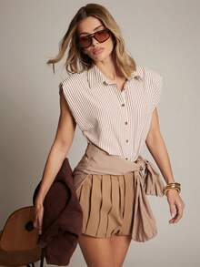 Hauture Women's Shirting Stripe Button Front Sleeveless Blouse Office Wear - Multicolor - View 6