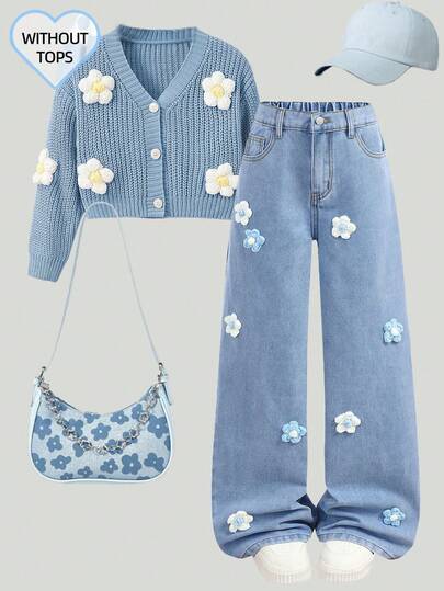 Girlism Tween Girls' Fashionable & Sweet Heart Embroidery Straight Leg Loose Fit Jeans Blue Three-Dimensional Flower Jeans Flower Clothes Flower Jeans Girls Aesthetic Clothing Denim Skirt Set Brunch Clothing Teen Y2K Style School Daily Vacation Holiday Baggy Jeans Y2k Oversized Jeans Wide Leg Jeans Girls Spring Summer