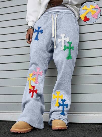 PAVTROS Men's Drawstring Waist Cross Graphic Pocket Wide Leg Casual Sweatpants Sweatpants Patched Y2k Sweatpants Sweat Pants For Men Graphic Sweatpants Graphic Sweats