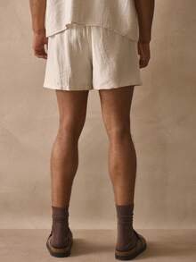 Musero Mid Length Bermuda Style Elasticated Drawstring Waistband Textured Linen Shorts Spring Summer Essentials - Apricot - View 4