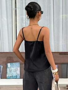 Muchica Women's Black Satin Contrast Lace Trim Camisole,Summer Top - Black - View 2