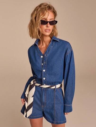 COSMINA Mono vaquero de manga larga elegante y ligero para mujer, versátil para ir al trabajo, la oficina y el uso diario a principios de primavera