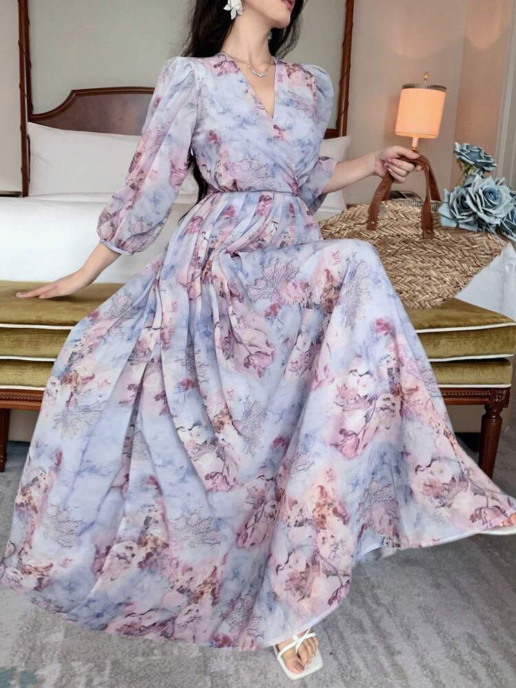 Women's Ditsy Floral Waist Cinched Short Sleeve Elegant Long Dress Maxi Dress Sundress Boho