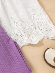 SHEIN 2pcs/Set Tween Girls Pure White Cap Sleeve Top With Frill Stand Collar, Hidden Button Closure, Pleated Texture; Paired With Loose Fit Light Purple Wide Leg Pants With Vertical Ribbed Texture, Elastic Waistband, Suitable For Spring, Summer And Early Autumn - Multicolor - View 6