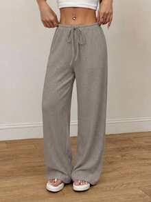 SHEIN PETITE 女士夏季新款针织纹理休闲裤，适合度假穿着，秋冬季居家休闲穿着。 - 灰色 - 查看 5