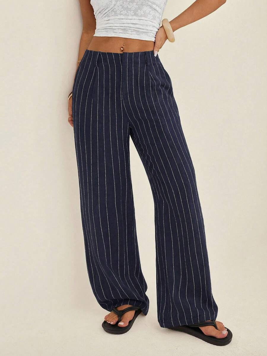 SHEIN PETITE Quần ống rộng xếp ly kẻ sọc dáng suông thoải mái dành cho nữ - Màu xanh hải quân - Xem 1