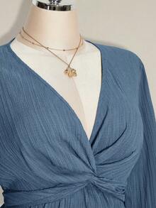 SHEIN ICON 大码女式扭结纹理黑色灯笼袖上衣 - 藍色 - 查看 3